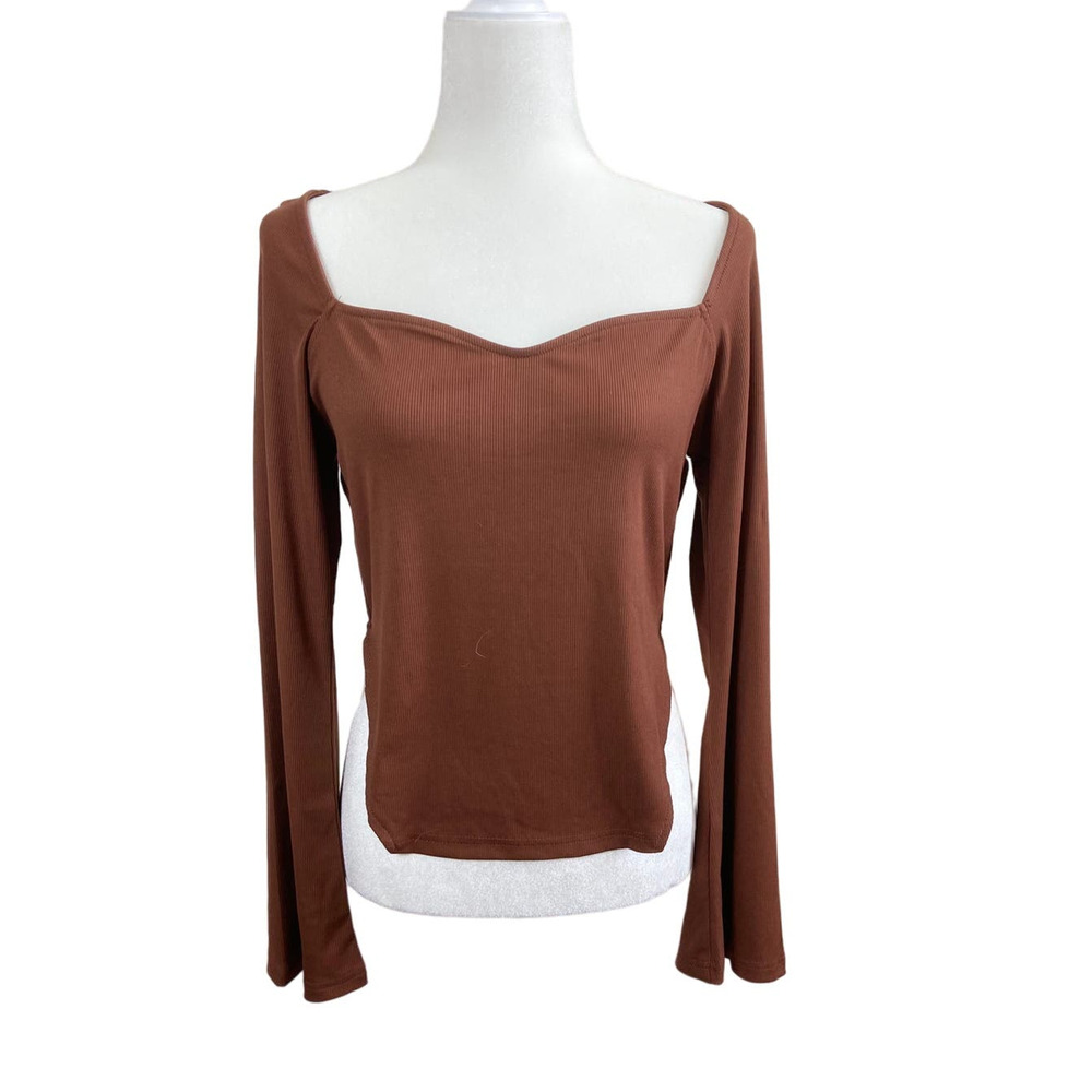 NWOT Asymmetrical Square Neck Brown Ribbed Top Shirt Bell Sleeve Long Large